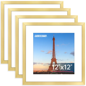 12x12 Picture Frame Gold Set of 4, Photo Frame with HD Plexiglass, Display Pictures 8x8 with Mat or 12x12 Without