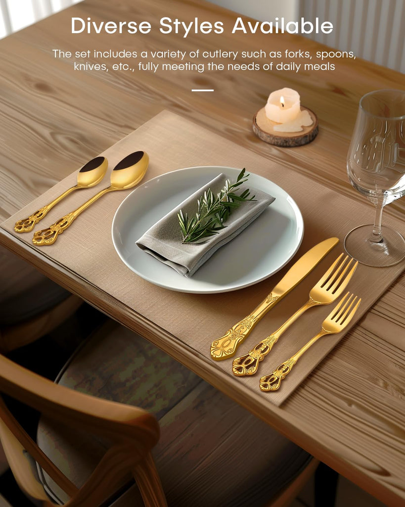 Gold Silverware Set, 20-piece Vintage Silverware Set for 4 with Stainless Steel Knives Spoons Forks Retro Royal
