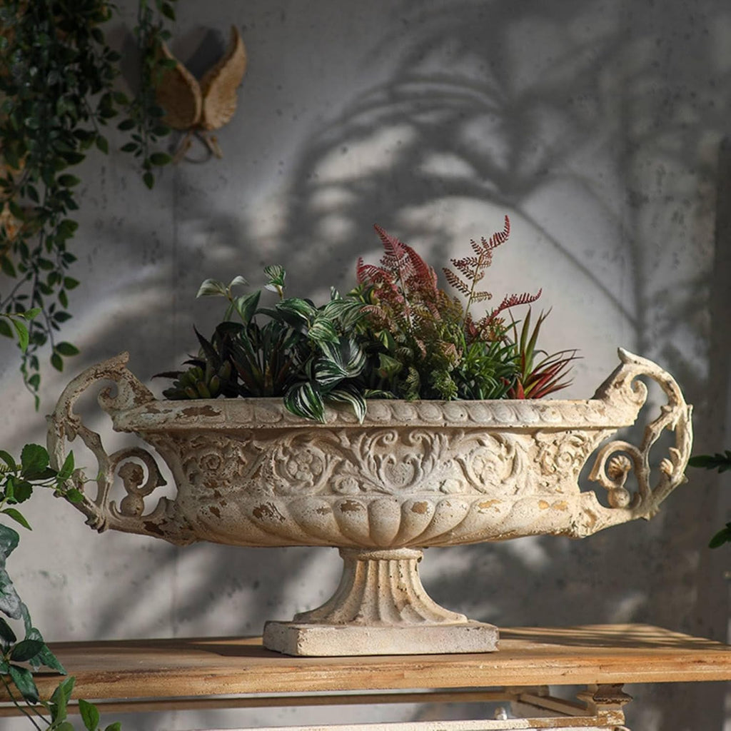 French Garden Urn Antique Stone Look Vintage Urn Planter Weather-Resistant Vintage Pedestal Planter , Outdoor
