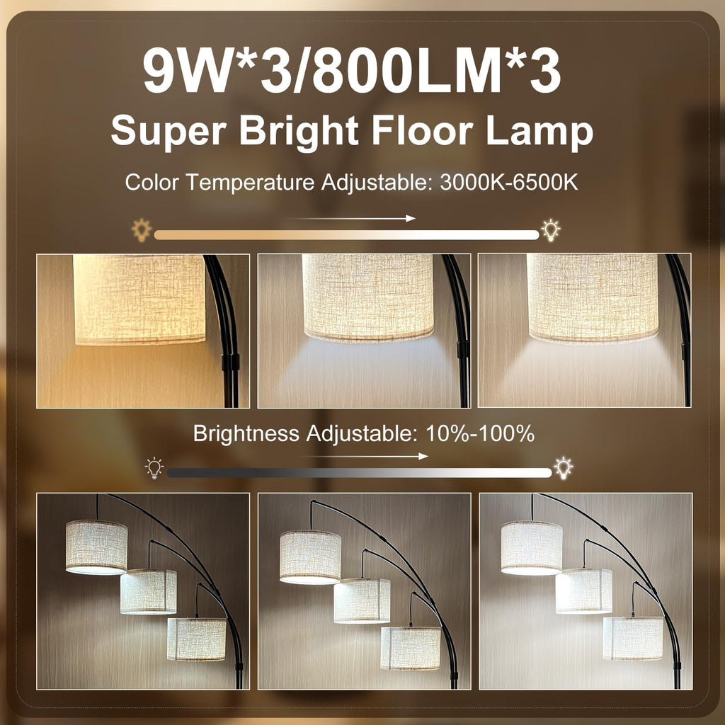 3-Light Dimmable Arc Floor Lamp, LED Tall tree Standing Lamp with Remote
