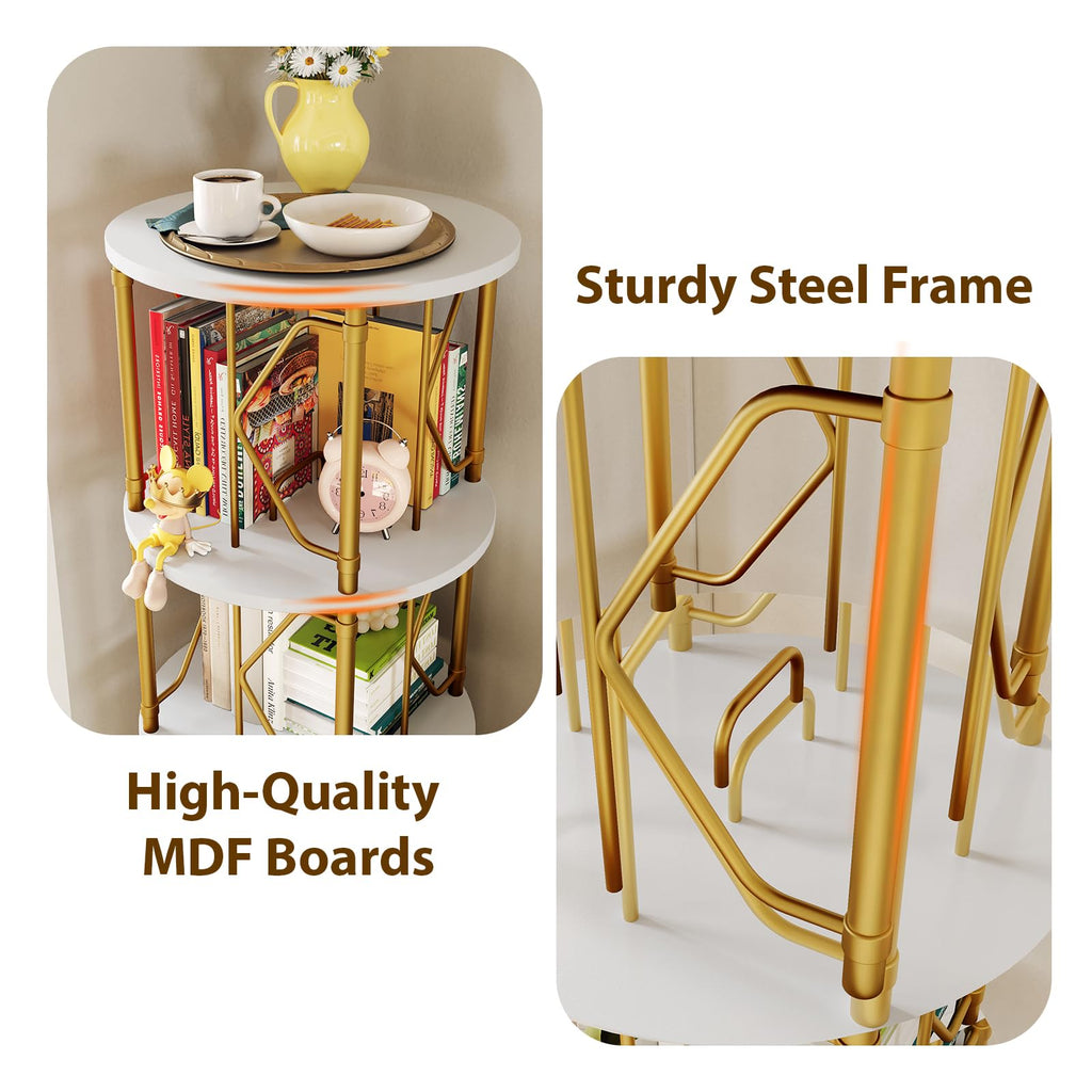 5 Tier Rotating Bookshelf Tower, Revolving Bookcase, Gold & White