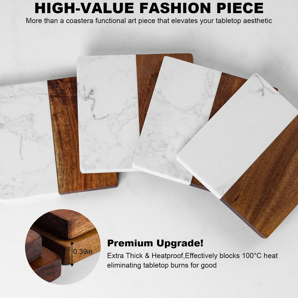 Marble Coasters: 4-piece Set of Acacia Wood Marble Coasters, Suitable for Kitchens, Offices, and can be Used as Gifts - Set of 4