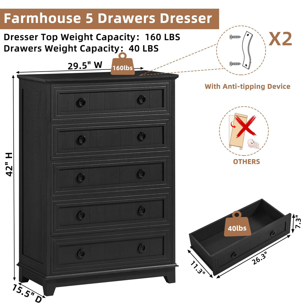 Farmhouse 5 Drawer Set of 2, 42" Tall Small Dressers & Chest of Drawers, Rustic Wood with Metal Handle, Storage