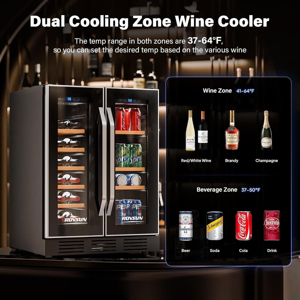 Dual Zone Wine and Beverage Refrigerator, 34 Bottle Wine Fridge with 2 Glass Doo