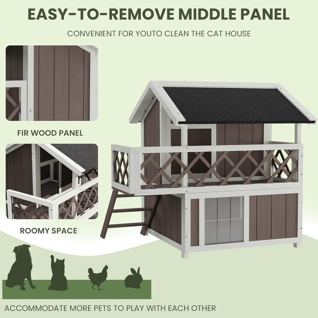 Weatherproof 2-Story Outdoor Cat House with Balcony - Multi-Level Wooden Condo - Escape Door - Removable Asphalt Roof