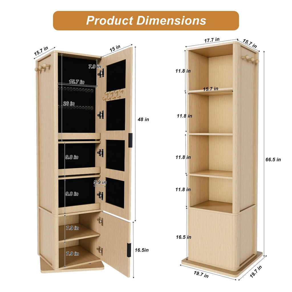 360° Rotating Mirror with Storage, 66" Jewelry Mirror Full Length, Oak