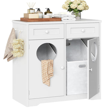 Double Laundry Hamper Cabinet, Hidden Laundry Cabinet with 2 Drawers & 2 Baskets, 20 Gallon Farmhouse Bathroom