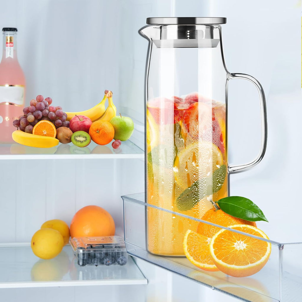Glass Pitcher with Lid and Spout 50oz/ 1.5L, Hot/Cold Water Pitcher, Iced Tea Pitcher for the Shelf of Fridge, Easy