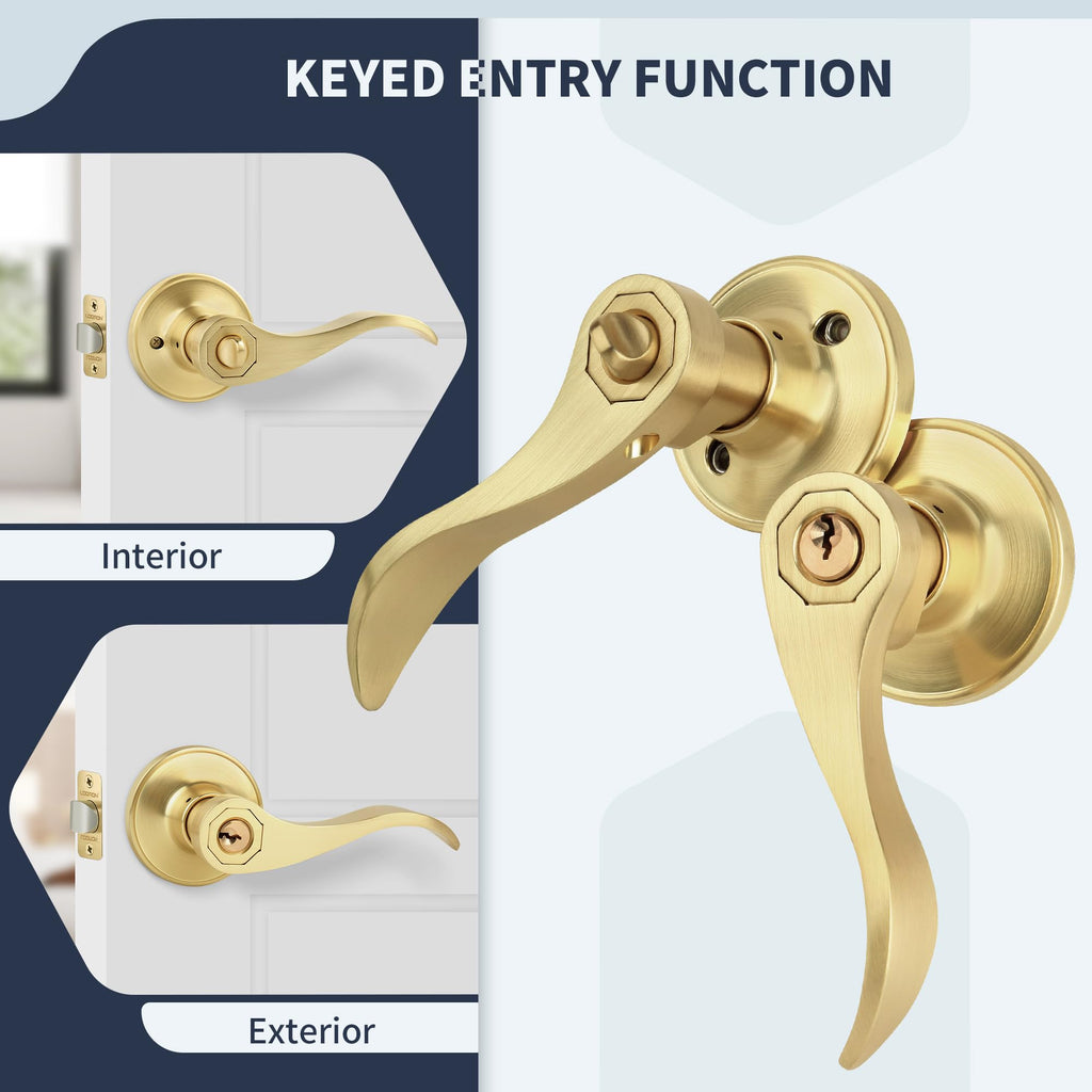 Wave Style Gold Door Handles with Lock and Key (Keyed Differently), Brushed Gold Keyed Entry Door Handle, Reversible