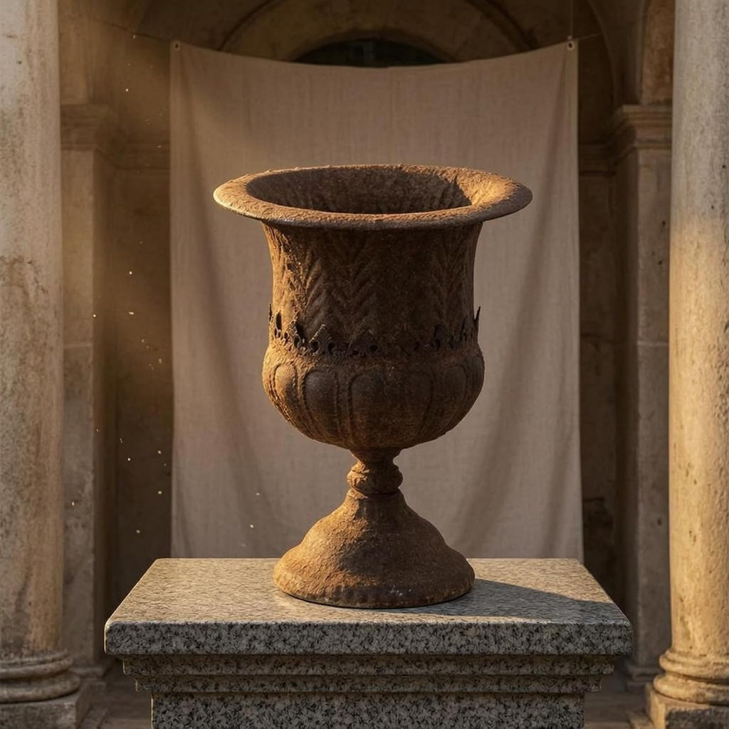 Outdoor Trophy Planter Urn Planter Vase Pedestal Pot Iron Construction with Embossed Banding and Distressed Finish