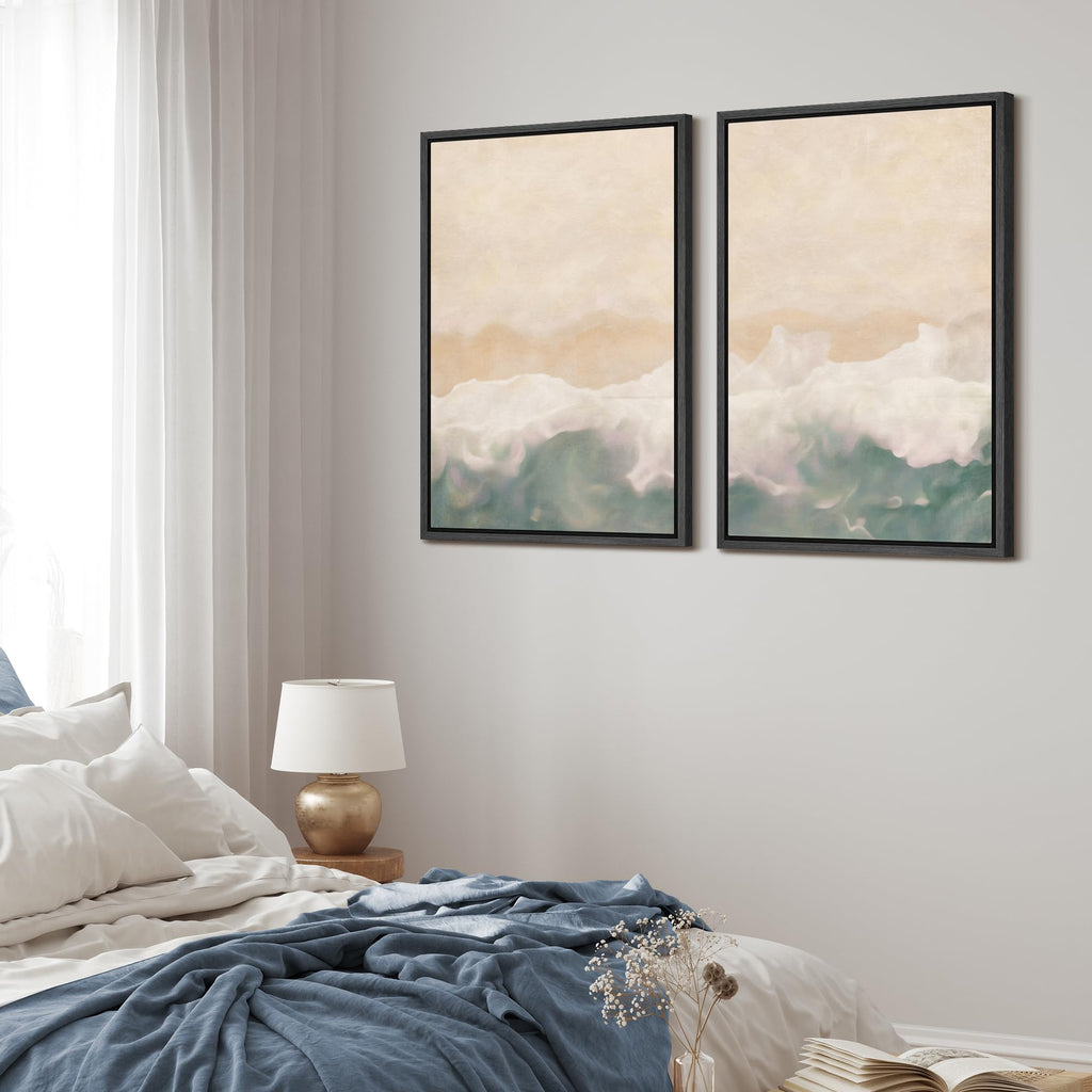 Framed Canvas Print Wall Art Set Soft Coastal Wave Abstract Pastel Illustrations Modern Art Decorative Bohemian