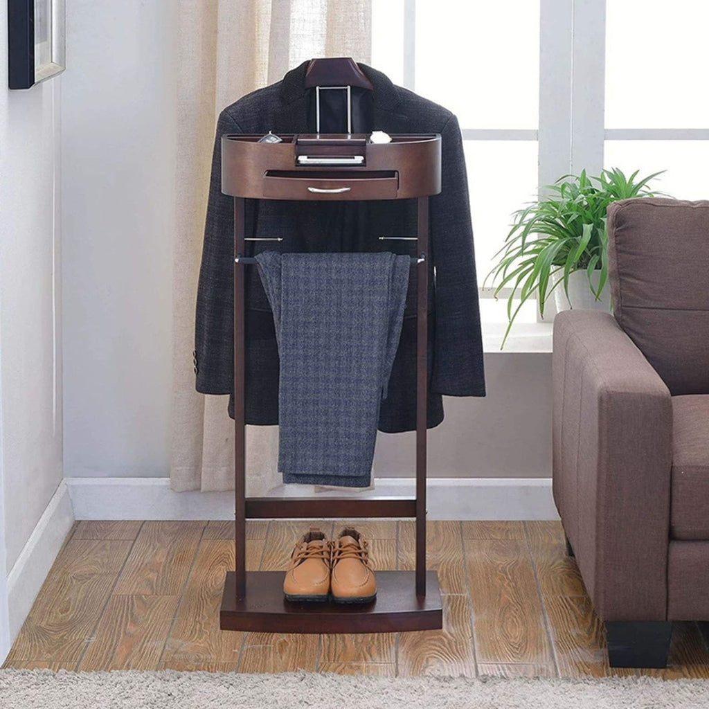 Wooden Valet Stand for Men and Women, Freestanding Suit Organizer with Drawer, Tray & Trouser Bar, Clothes Valet