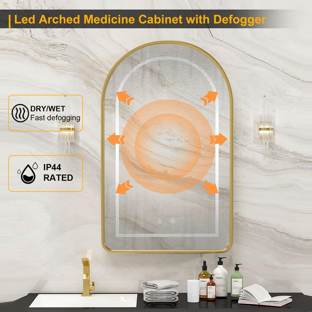 Lighted Arched Medicine Cabinet with LED Mirror, Gold Arched Mirror Cabinet
