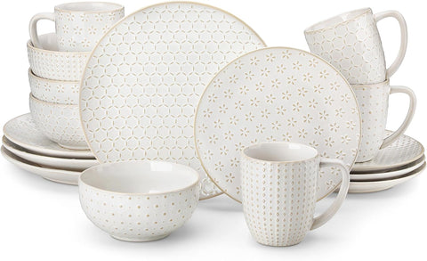16 Pieces Dinnerware Sets, Modern Relief Design Plates and Bowls Sets, White Dish Set for 4