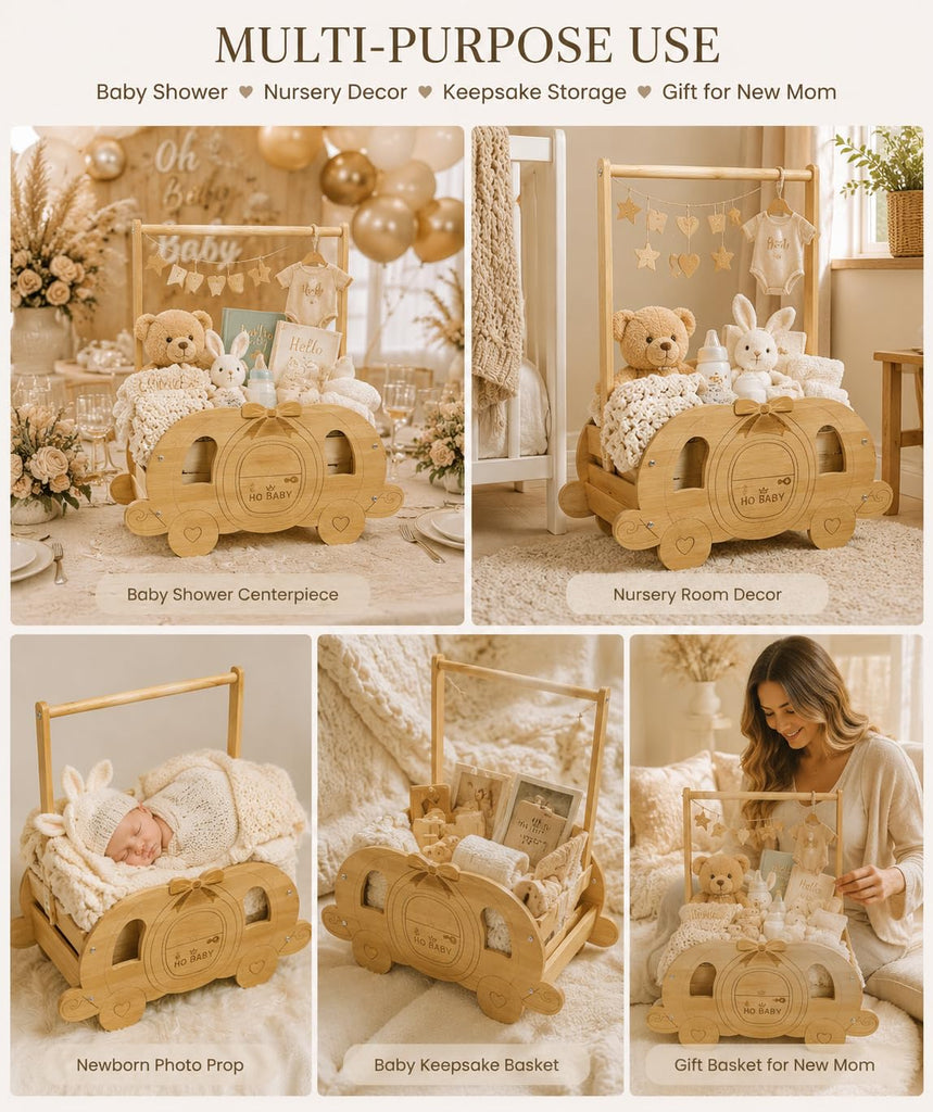 Baby Shower Basket, Wooden Baby Shower Crate with Handle, Pumpkin Carriage Gift Basket for Baby Shower Centerpiece