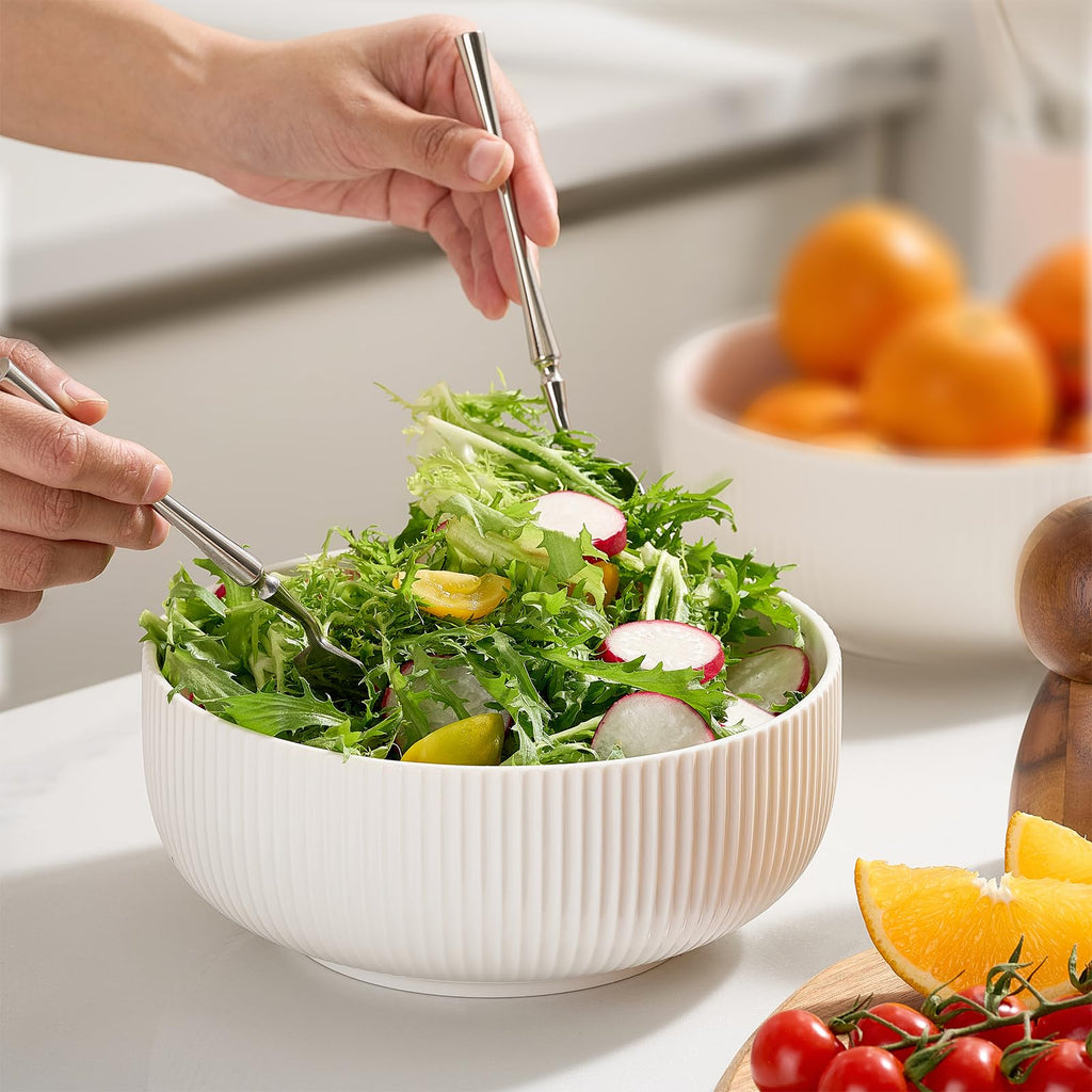 2 Pack Salad Bowl, 8 inch 60 oz Large Serving Bowl Set, Deep Bowl, White Ceramic Bowl Set for Soup, Cereal, Ramen