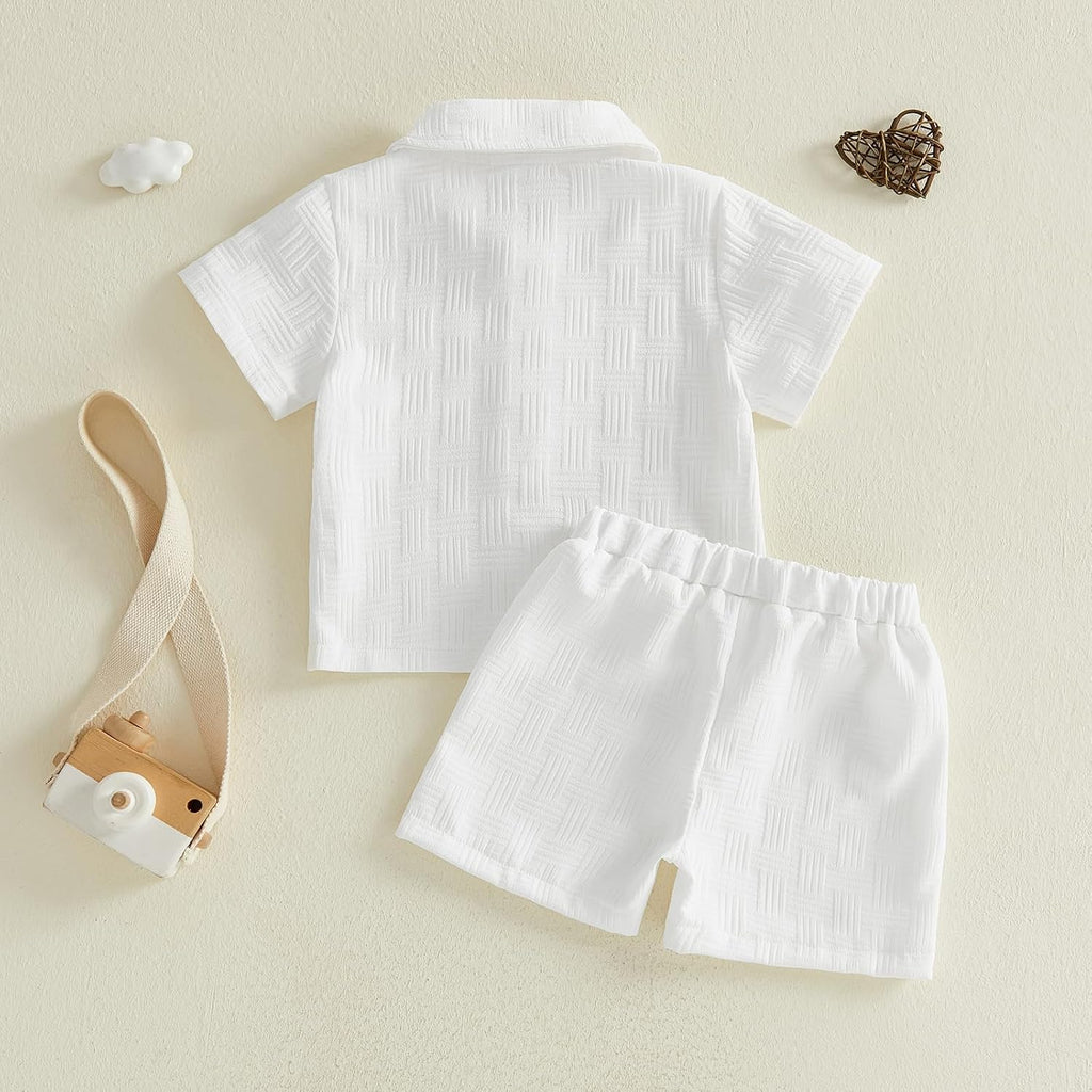 Toddler Boy Outfit Button Down Shirt Short Sleeve Tops Elastic Waist Shorts Solid Baby Clothes Summer Outfits