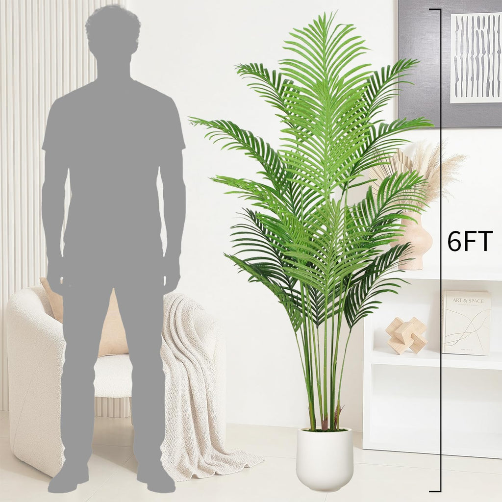 Artificial Palm Tree 6FT with White Planter, Realistic Faux Tropical Plant with Lifelike Green Leaves, Indoor