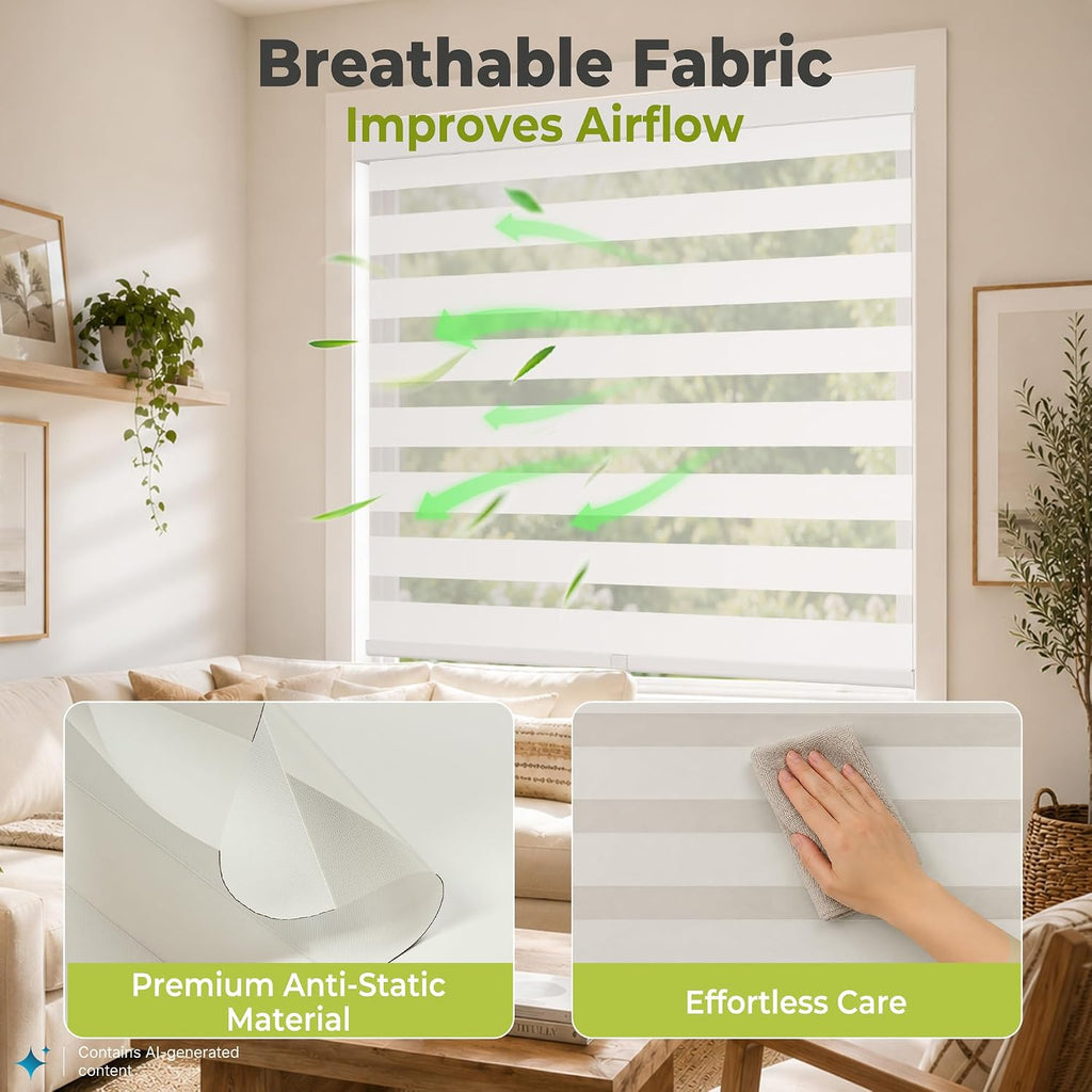 Cordless Zebra Blinds for Windows, Home Office, White, 36" W x 64" H | Dual-Layer Light Control Window Blinds For Day