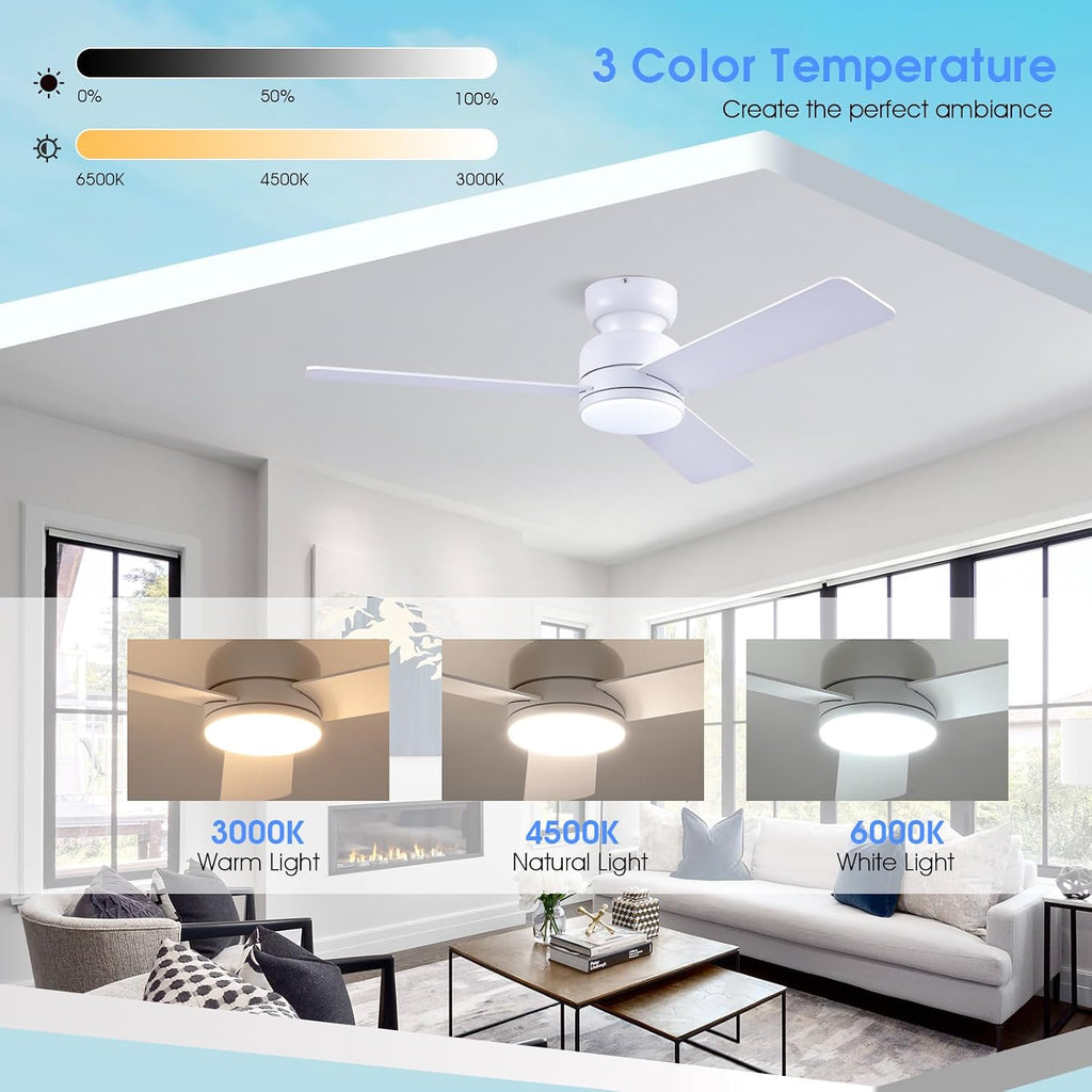 46 In Flush Mount Ceiling Fan with Light Remote/APP,3 Blades White