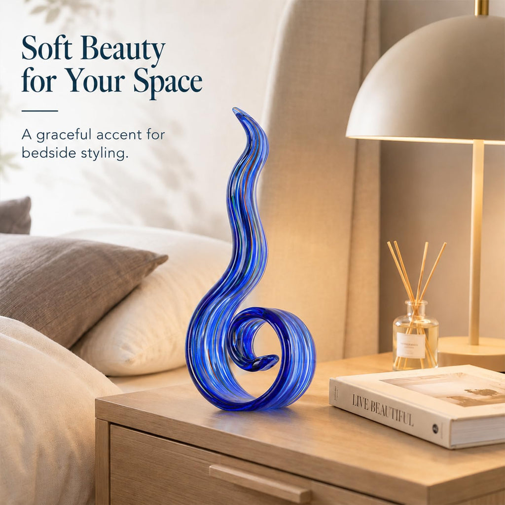 11.4in H Large Table Statue, Blue Hand Blown Glass Sculptures for Coastal Home Decor, Abstract Wave Statue