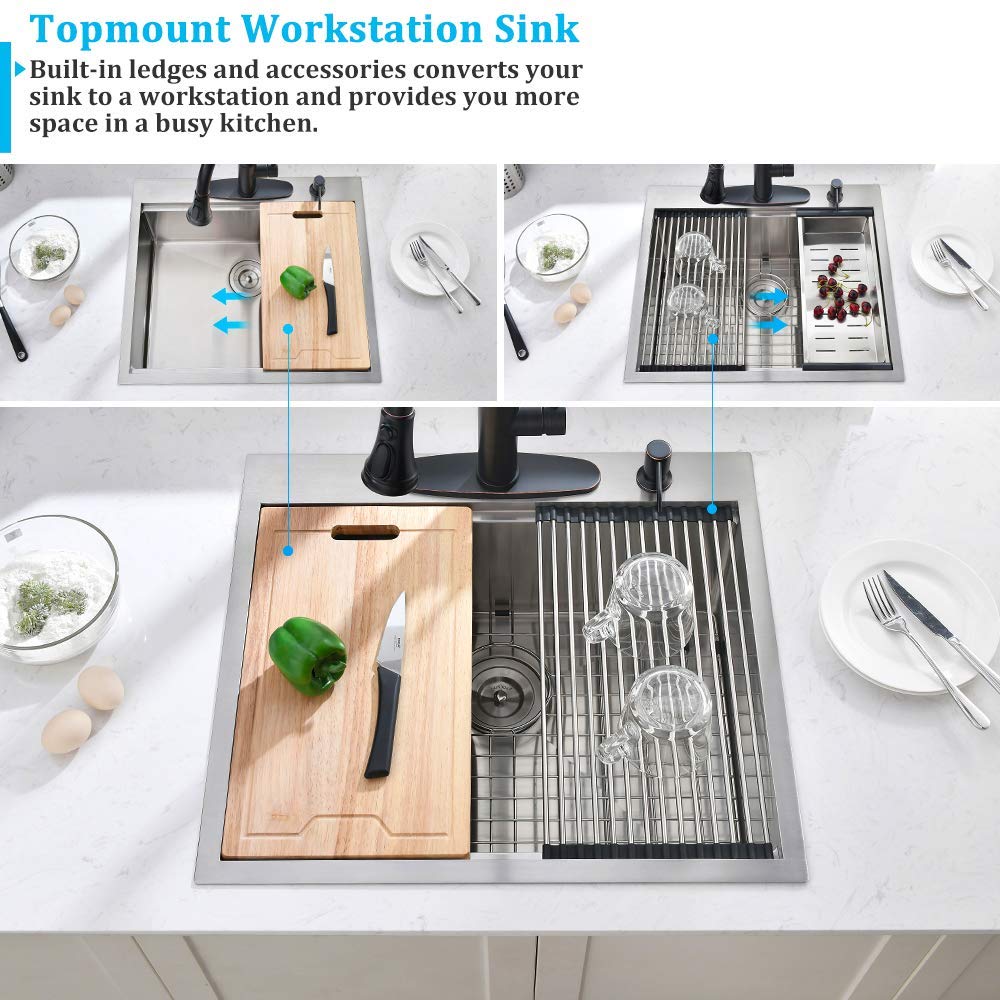 25x22 Drop Sink Workstation, Single Bowl Stainless Steel Top Mount Kitchen Sink Ledge Built In 16 Gauge Handmade 10"