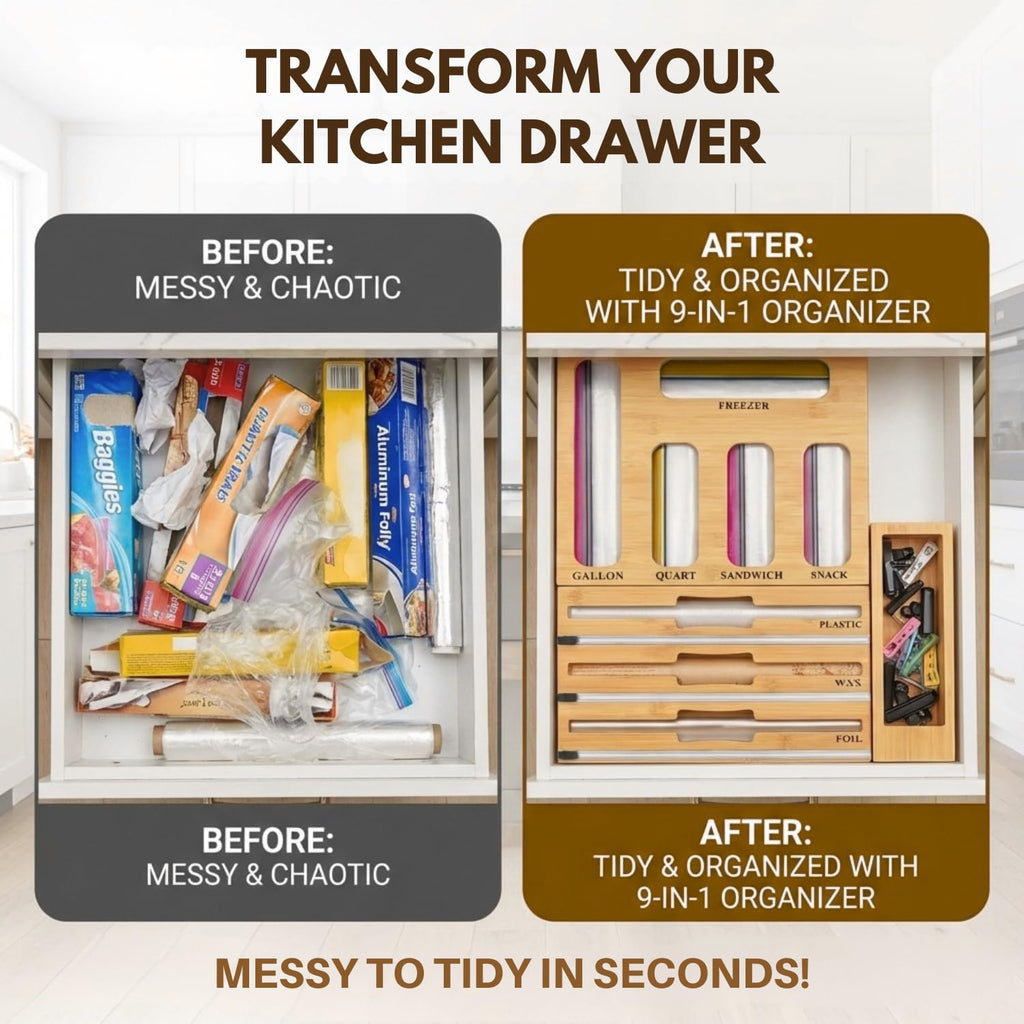 9 in 1 Bamboo Kitchen Drawer Organizer for Storage Bags, Foil & Plastic Wrap Holder with Built-In Cutter, Fits