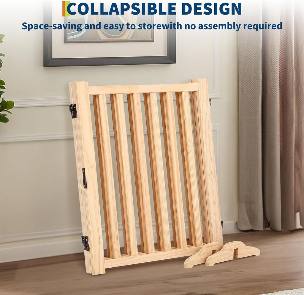 24 Inch Foldable Wooden Dog Gate, Foldable Freestanding Dog Door 3 Panel, White Wooden z Shape Step Over Pet Fence