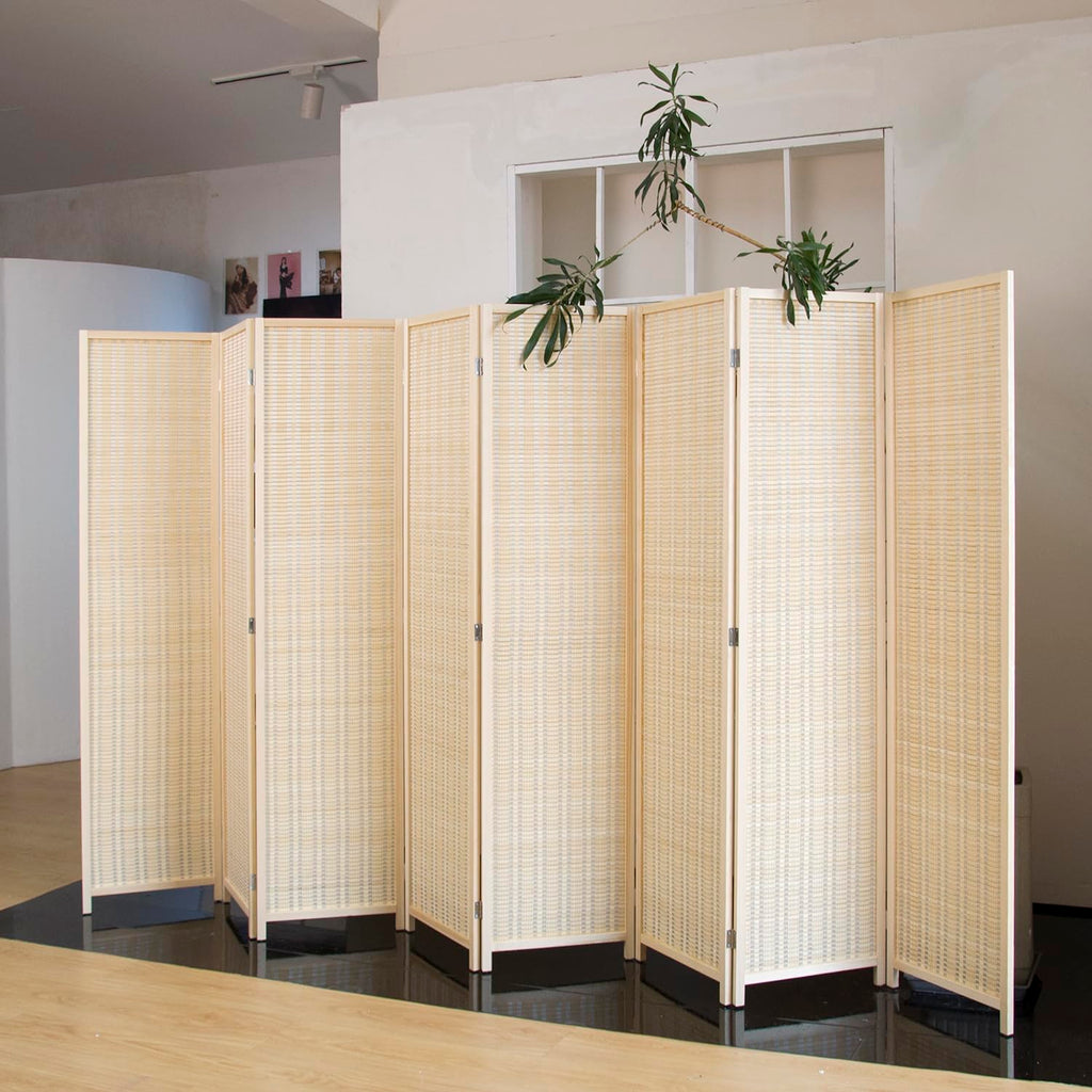 8 Panel Bamboo Room Divider - 5.6 ft Tall Natural Beige Folding Privacy Screen, Double-Sided Freestanding Partition