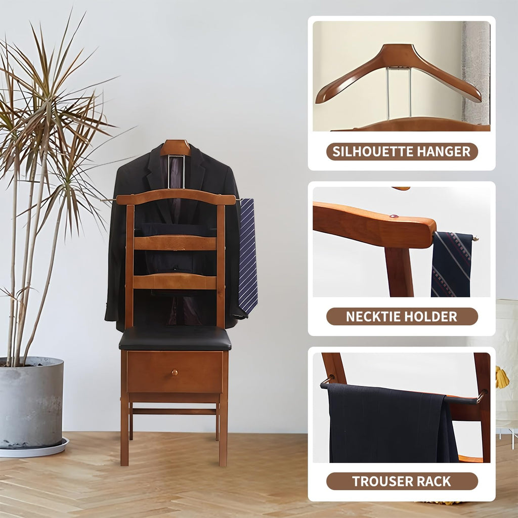 Chair Valet with Drawer and Tray for Men Women's Clothes, Watches Keys Wooden Suit Rack Valet Stand, with Contour