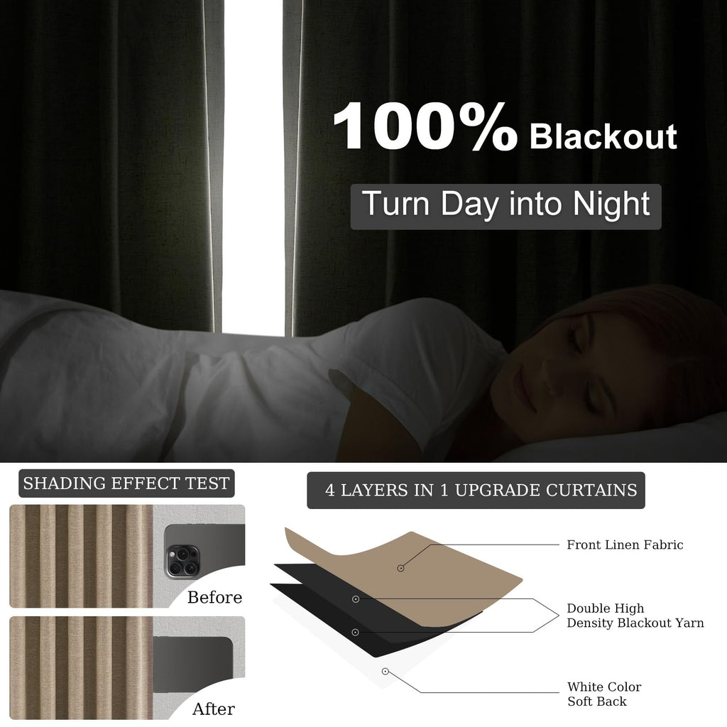 Taupe Burlap Linen Blackout Curtains 63 Inches Long 2 Panels for Small Window Boho Farmhouse Linen Blend Texture