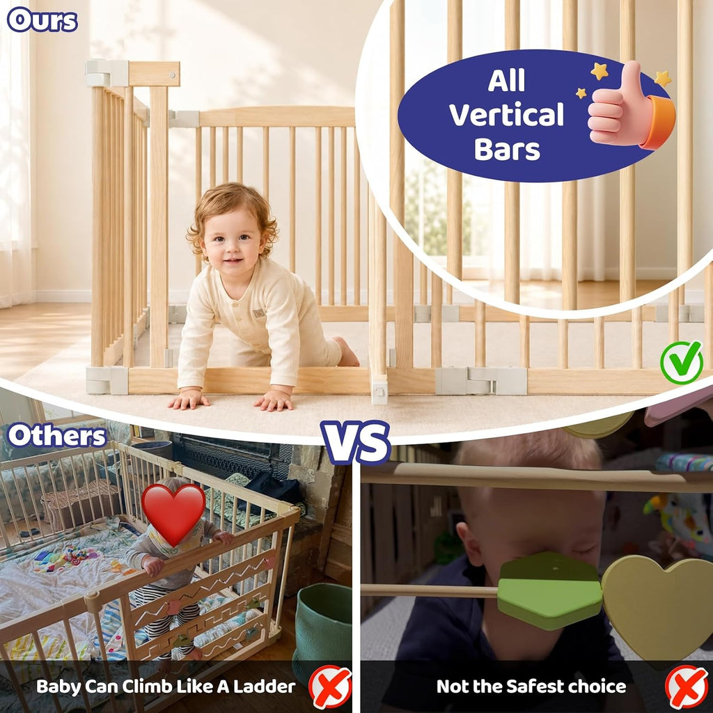 Wooden Baby Playpen, 60"×89"×25" 10-Panel Foldable Wood Play Yard with 3 Montessori Toys for Toddlers, Adjustable