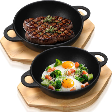 2 Sets 9.45 Inch Cast Iron Skillet with Wooden Base Dual Handle