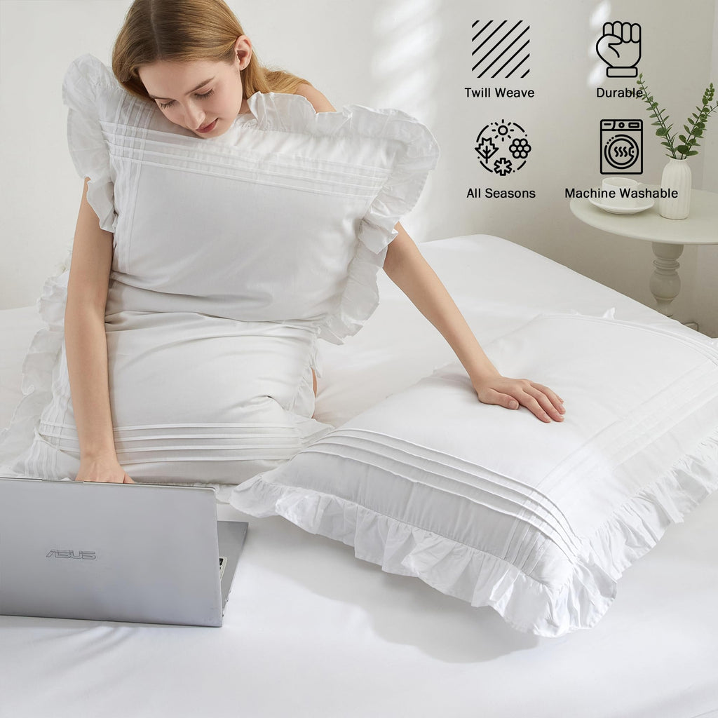 White Ruffle Pillow Shams 2Pcs, 100% Cotton Pillow Cases, 20x36