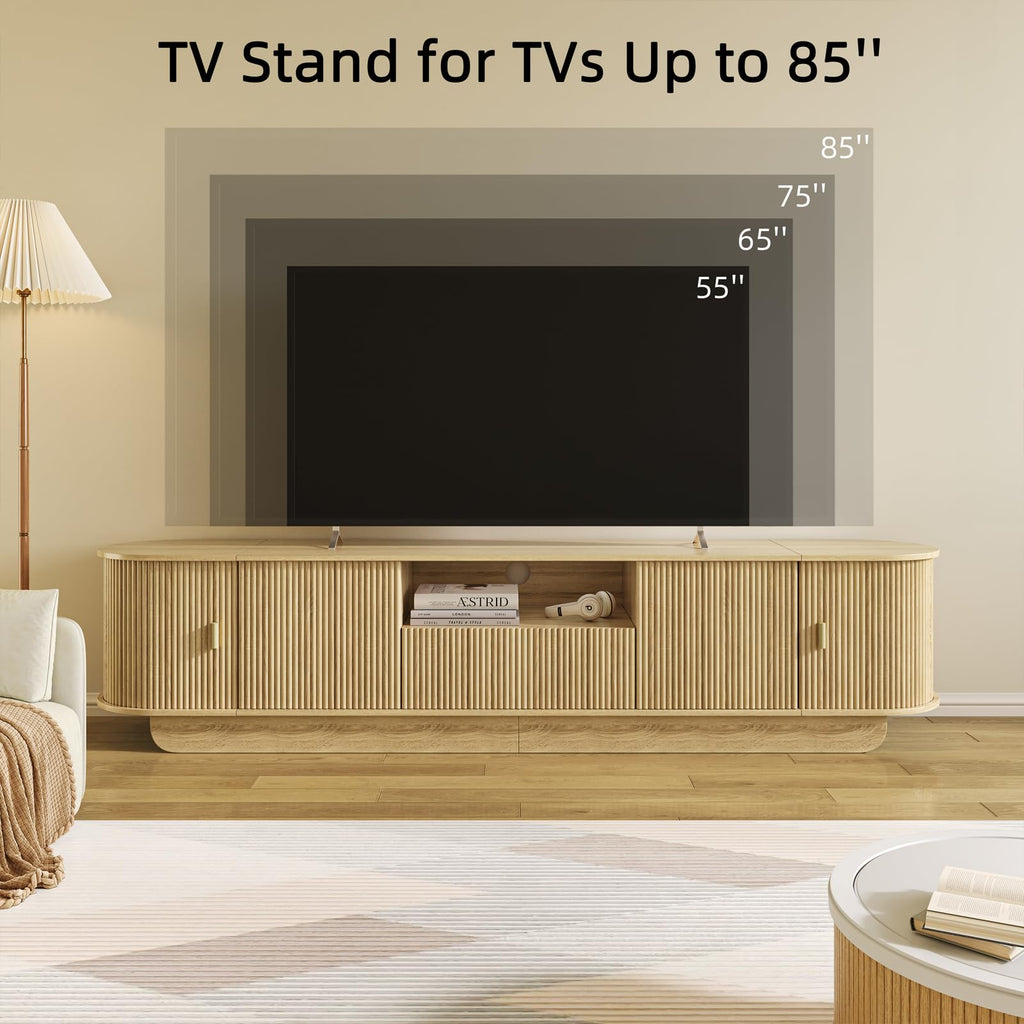 86.6'' Fluted TV Stand for 55-85 Inch, Natural Wood TV Console