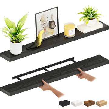 Floating Shelves for Wall, 55 inch 2-Tier Black Shelf, Invisible Brackets, Wood Wall Shelf Organizer, Clearing Clutter