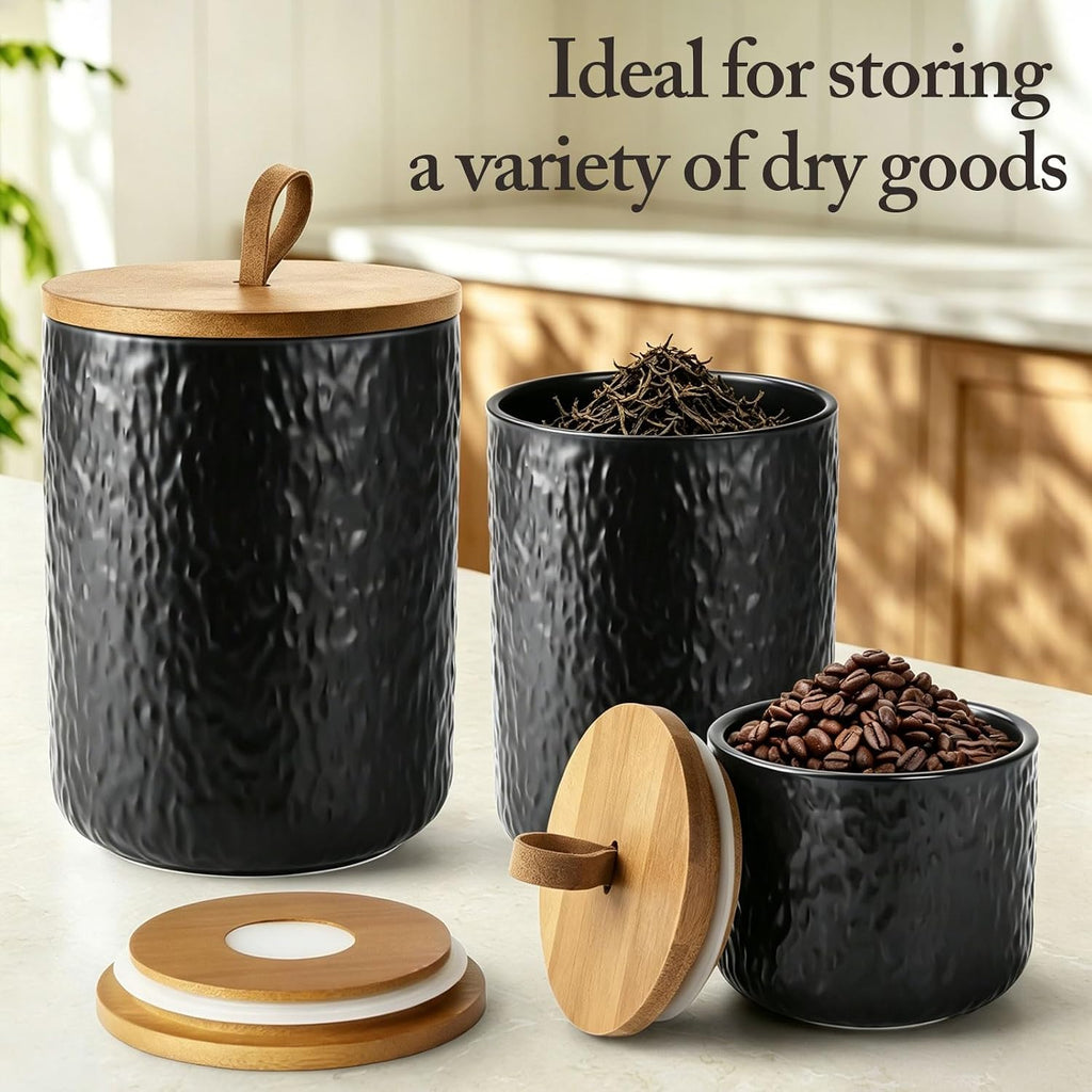 Ceramic Canister Set Countertop, 3 Airtight Food Storage Containers, Modern Coffee Storage Jars for Flour, Sugar - Set of 3