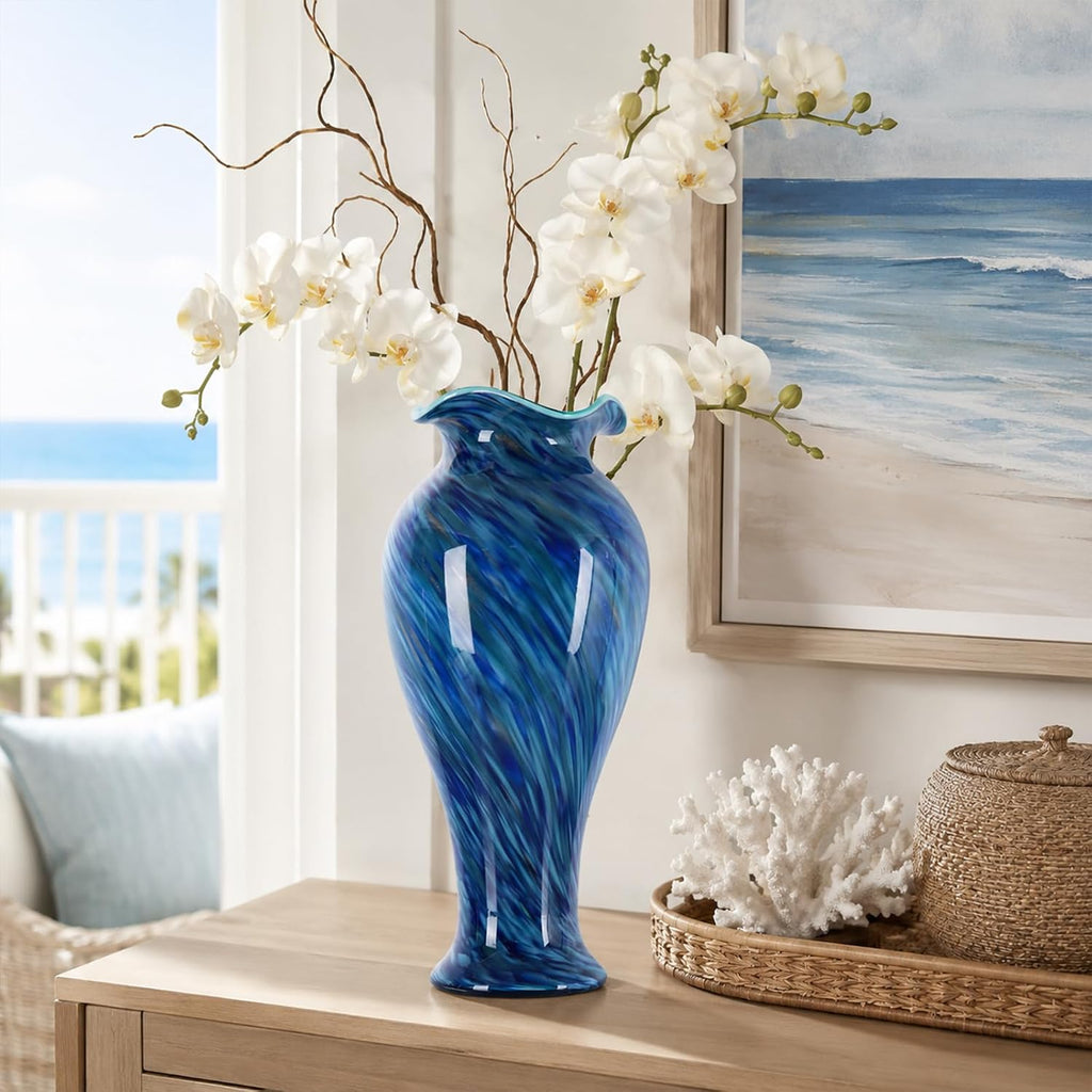 20" Tall Hand Blown Glass Vase - Pretty Ruffle Wide Mouth Decorative Flower Vase, for Modern Home Decor, Ideal