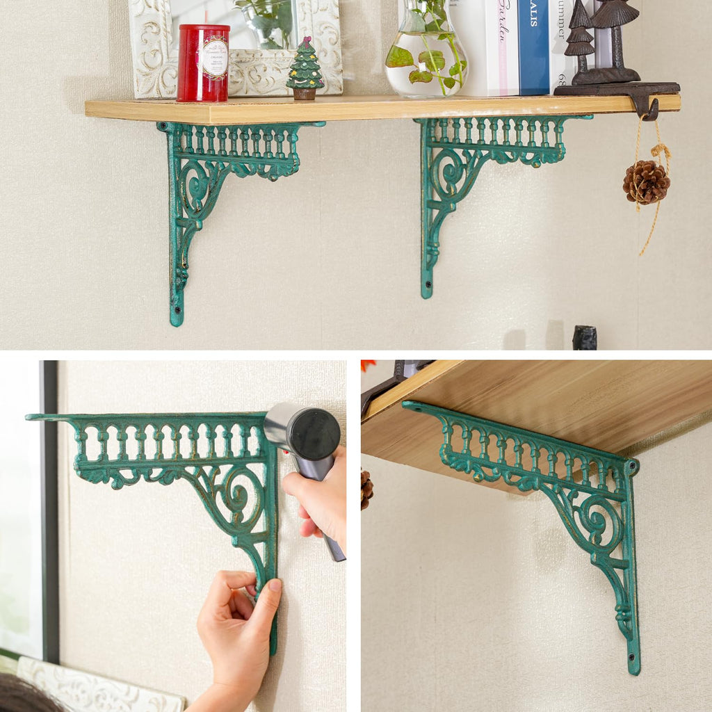 10.6 Inch Cast Iron Brackets for Shelves - 2 Pack Vintage Green