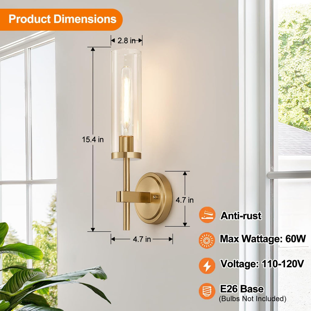 [Hardwired] Wall Sconces Set of Two, Brushed Gold Bathroom Sconces with Clear Glass, Modern Wall Light Fixtures for