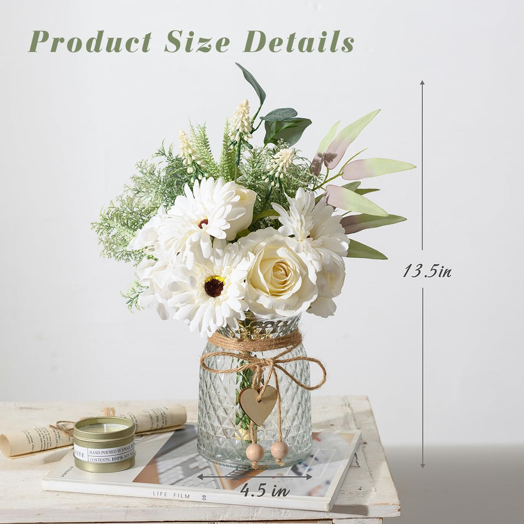 Artificial White Flowers with Vase, Fake Flowers Arrangement Decor, Faux Flowers for Farmhouse Coffee Table Decor