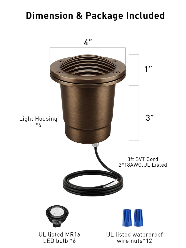 6 Pack] Landscape Well Lights,Brass Outdoor Low Voltage In Ground Light for Deck Pathway with Replaceable 7W MR16 LED