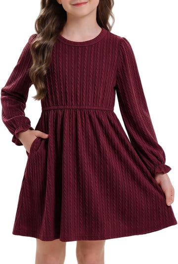 Toddler Baby Girl Dress Puff Long Sleeve Knit Sweater Fall Winter Ribbed Ruffle Casual Solid Dress with Pockets
