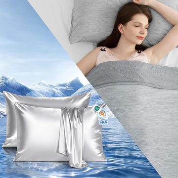 Cooling Satin Pillowcases for Hair & Skin with Zipper 20" x 30" and Cooling Blanket 90"x108" Gray Bundle