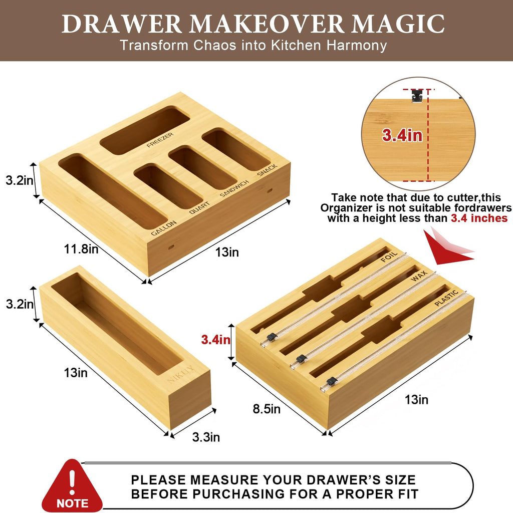9 IN 1 Bamboo Foil and Plastic Wrap Organizer Drawer, Plastic Bag Organizer Organization and Storage, Food Storage
