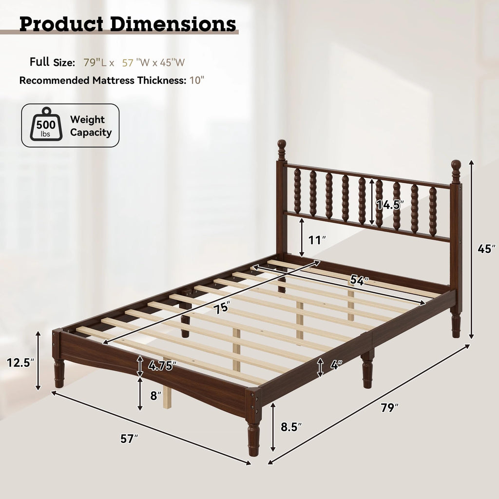Walnut Spindle Bed Frame Full Size with Wooden Headboard