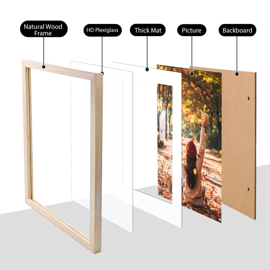 11x14 Picture Frame Natural, Solid Wood Frame 11x14 with Acrylic Plexiglass for Pictures 5x7/8x10 With Mat, Tabletop