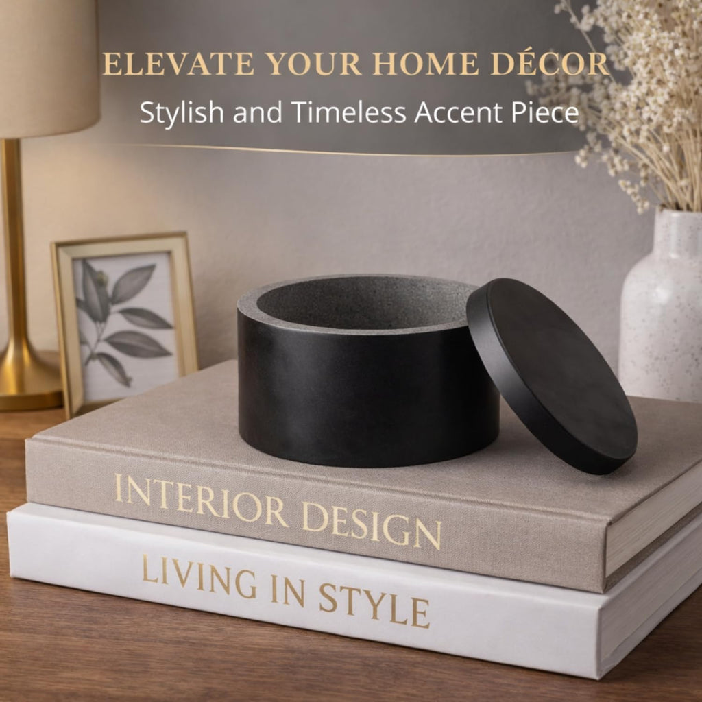 Marble Black Salt Box With Lid, Round, 3.5 x 3.5 x 2 Inch