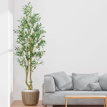 6ft Artificial Olive Tree Indoor, Fake Olive Tree with White Pot, Faux Olive Tree with Dense Leaves & Realistic