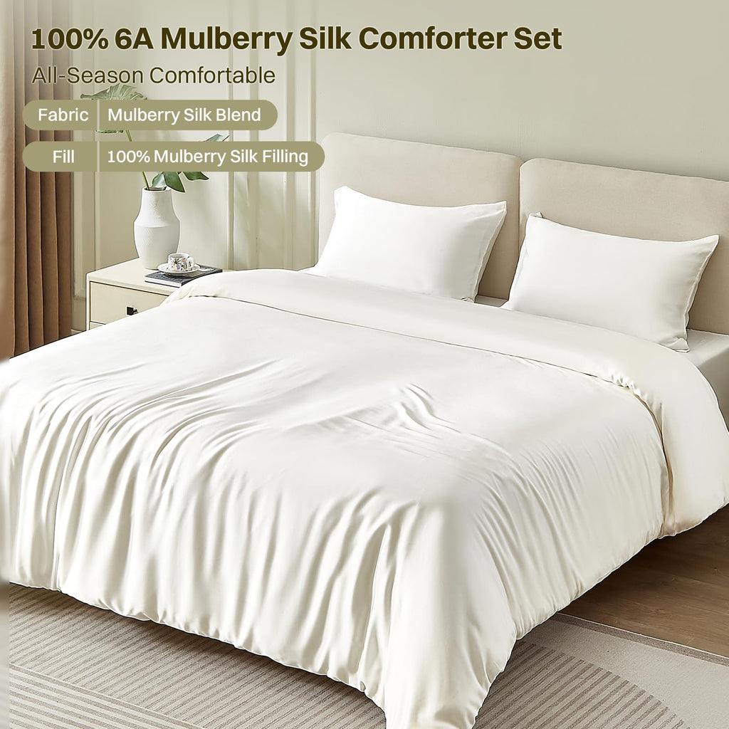Silk Comforter Set 4 Pieces, All-Season 100% Silk Filled Comforter with Detachable Duvet Cover, Moisture-Wicking